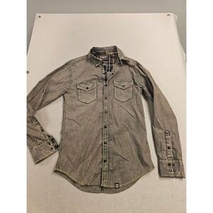 Cowboy Up Mens Gray Acid Wash Western Snap Button Down Shirt Tailored Fit Small